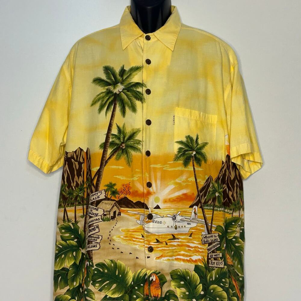 Vintage Koko Island Hawaiian Shirt Mens XL Yellow Seaplane Tropical USA Made